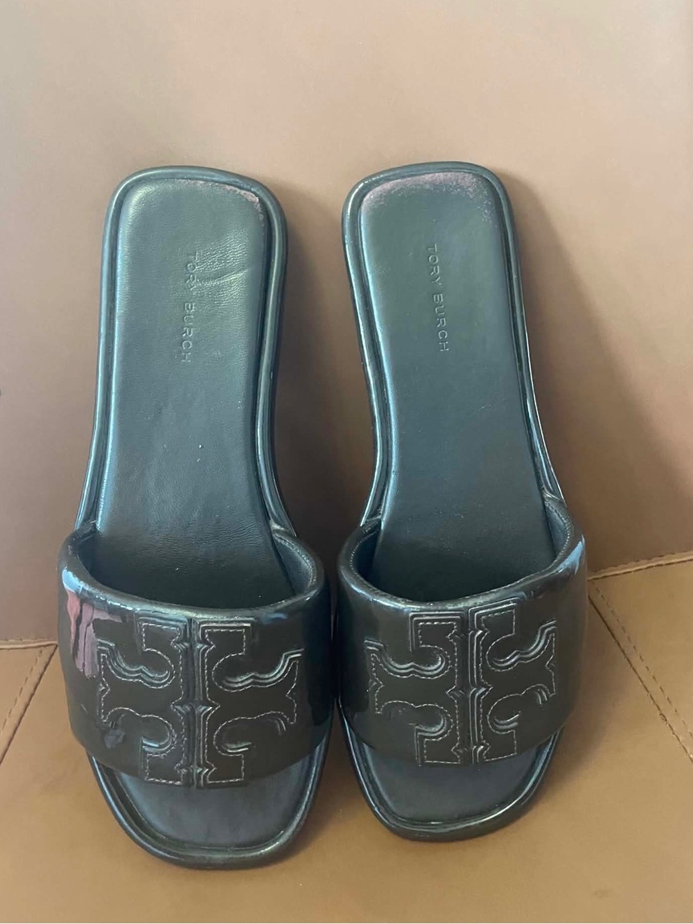 Tory Burch Black Patent Logo Slide Sandals